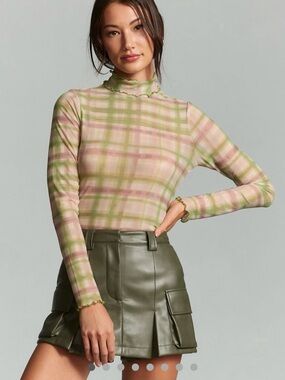 Pilcro Pink and Olive Sheer Plaid Ruffle Top